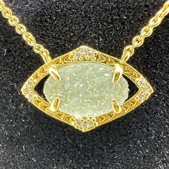 Stella & Dot Gold-Tone Necklace Aqua Druzy Pendant Crystal Accents Original Box - Picture 3 of 7
